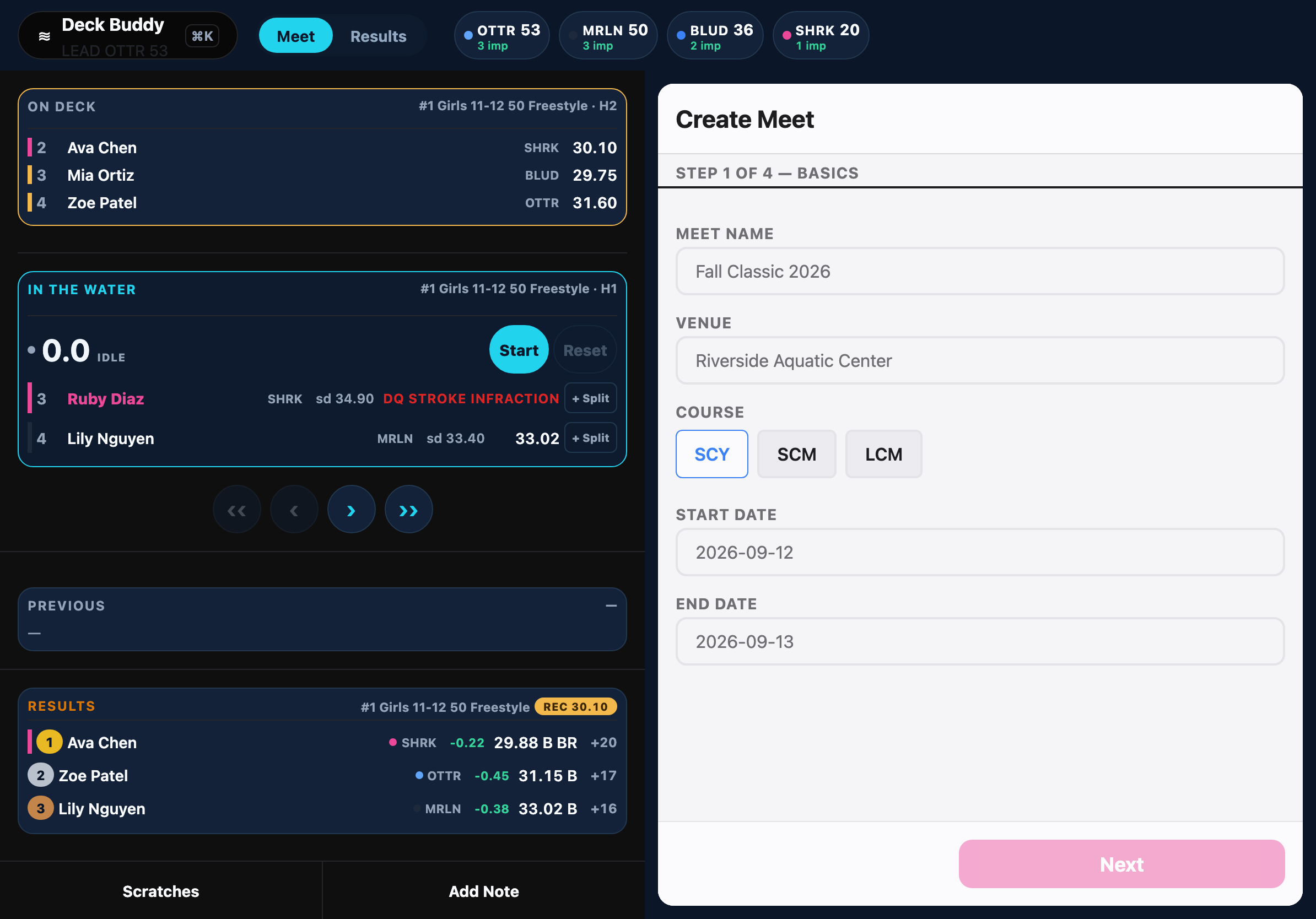 Deck Buddy Create Meet wizard, step 1 of 4 (basics): meet name, venue, SCY/SCM/LCM course, and dates, beside the live console
