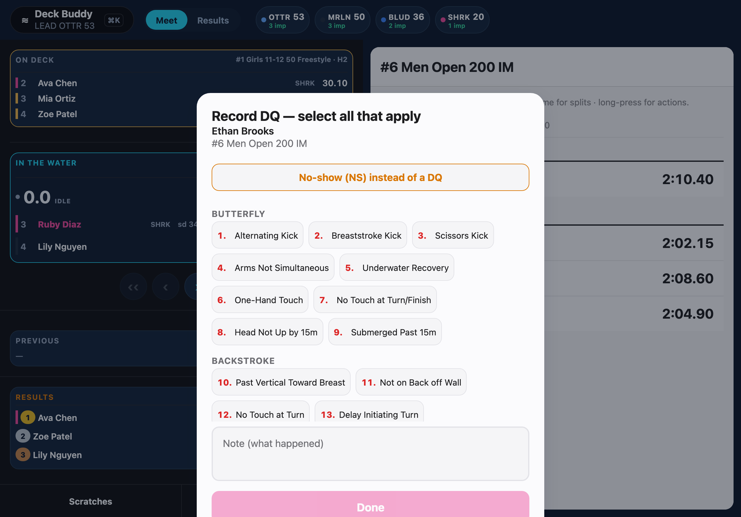 Deck Buddy DQ slip: Record DQ — select all that apply, with numbered infraction codes grouped by stroke and an optional note