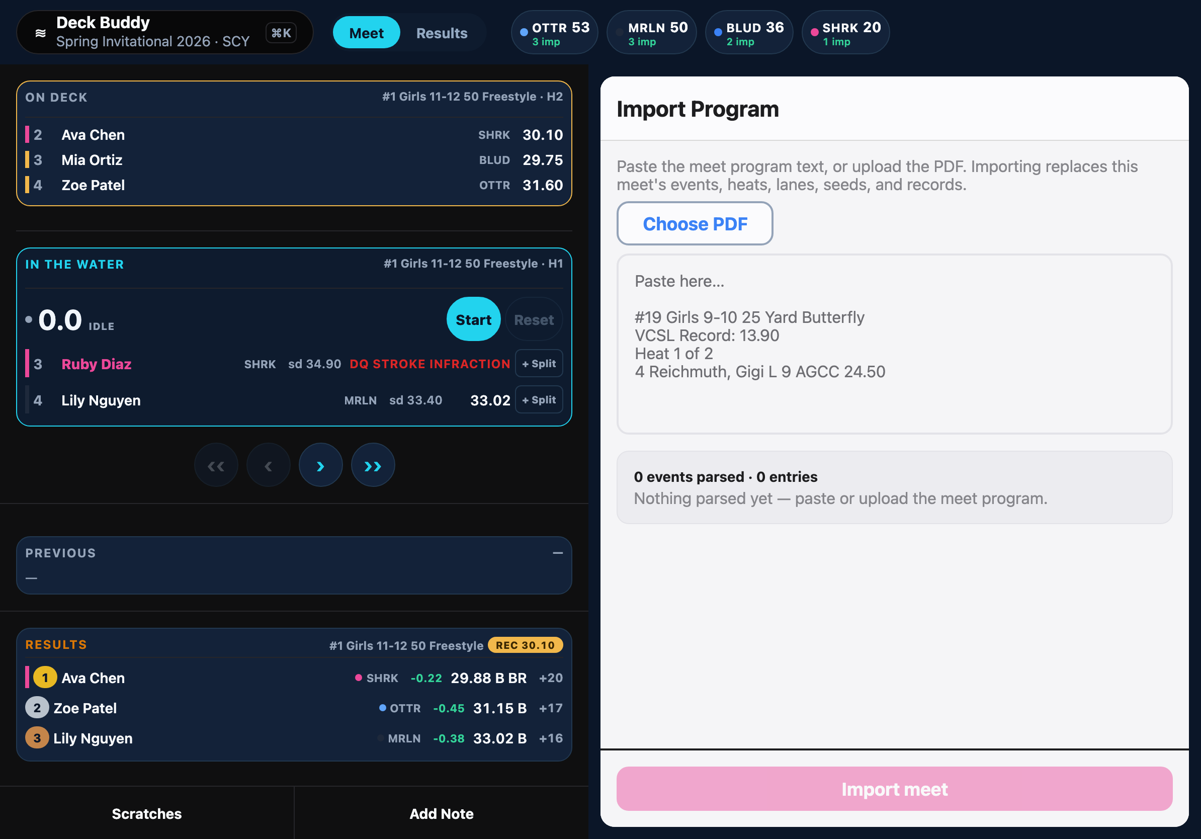 Deck Buddy Import Program screen: Choose PDF, a paste box showing a Hy-Tek program excerpt, the parse summary, and the Import meet button