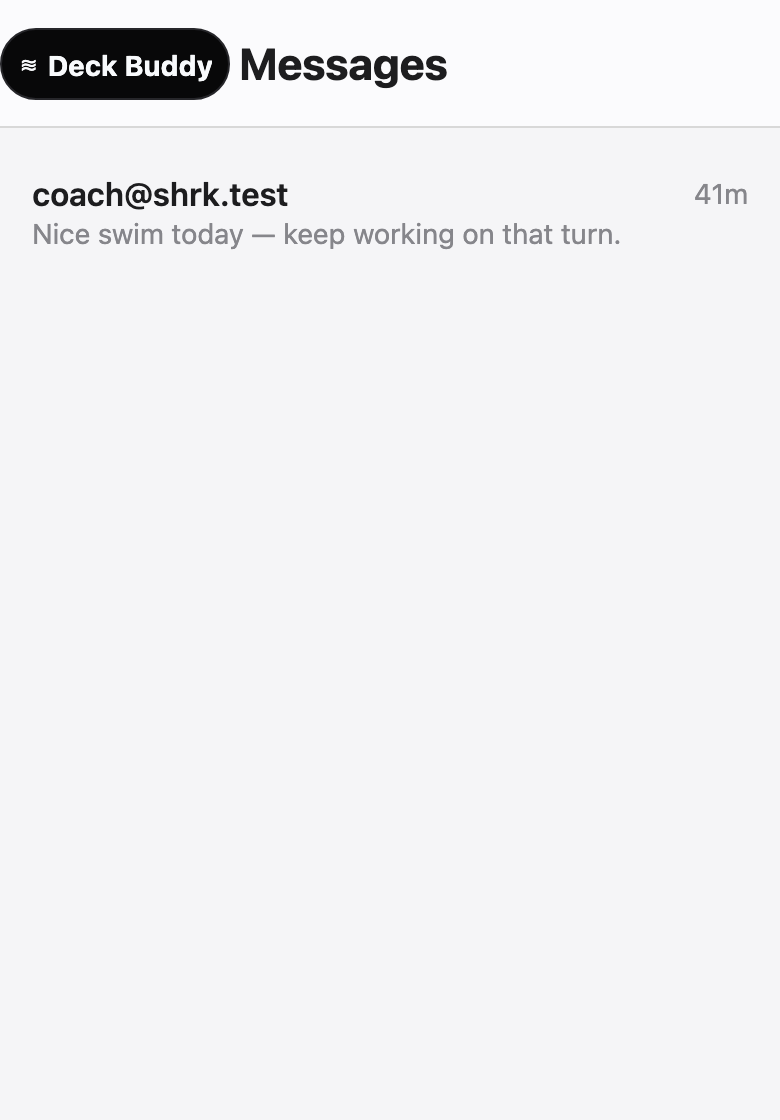 Messages: a real thread with the coach, with an unread badge and the last message preview