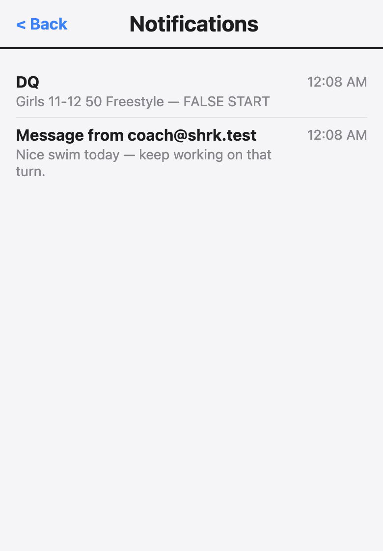Notifications: a DQ from the meet and a message from the coach, in one feed