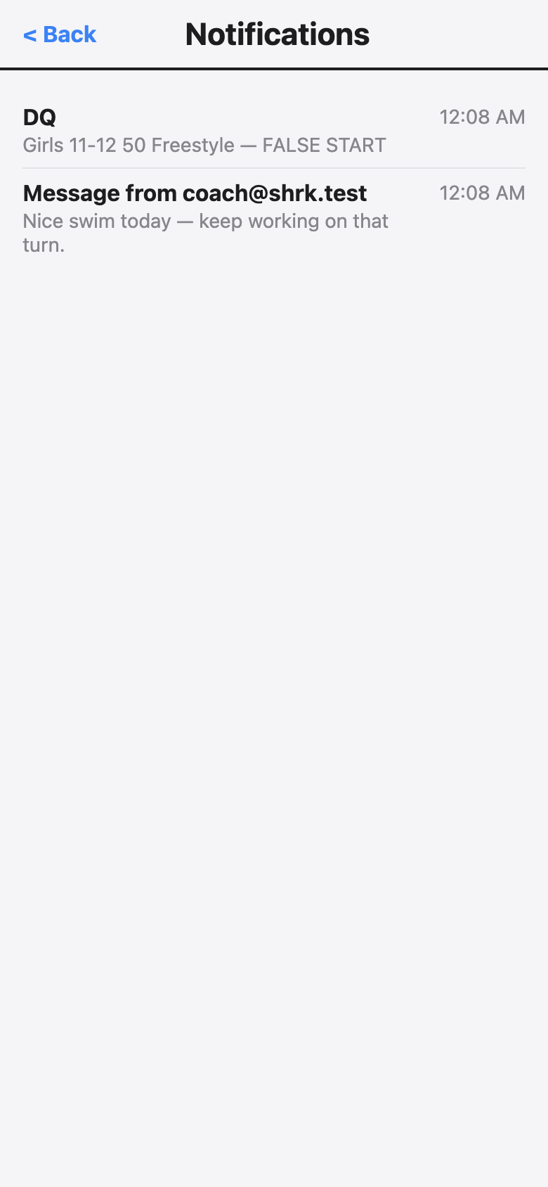 Notifications: a DQ from the meet and a message from the coach