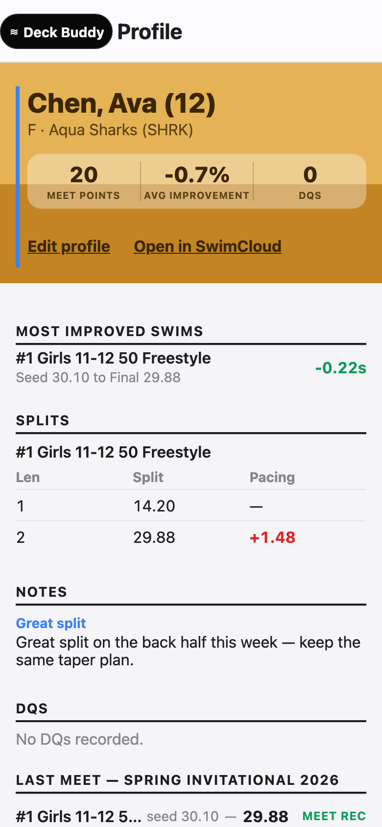 Swimmer profile: claim a roster spot and customize it