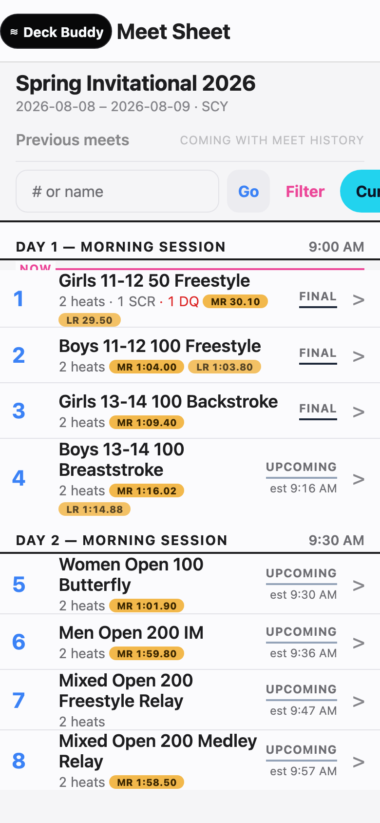 Swimmer-side meet sheet: the same live event list the coach runs, read-only